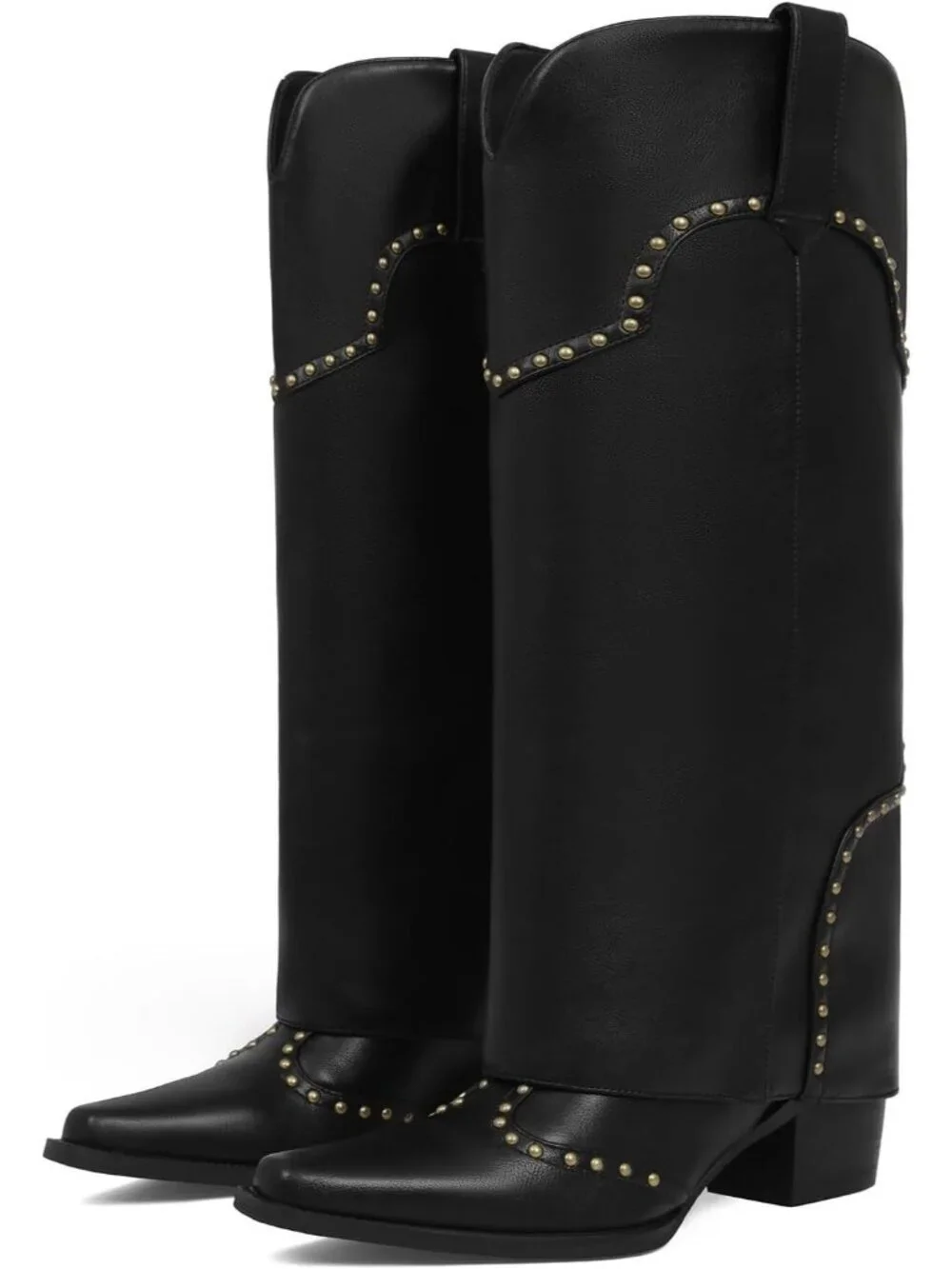 Women's Black Polyurethane (PU) Studded Fold Over Knee High Chunky Heel Boot